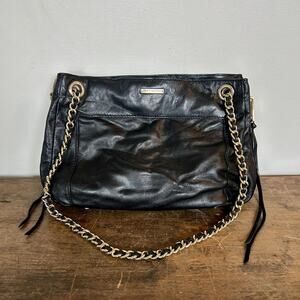 Y2K Rebecca Minkoff Black Leather Shoulder Bag with Gold Chain and Zipper Detail
